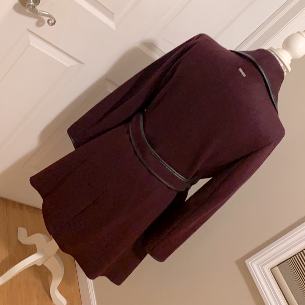 DKNY Faux-Leather-Trim Wrap Coat 🧥 in Bordeaux - Picture 3 of 17